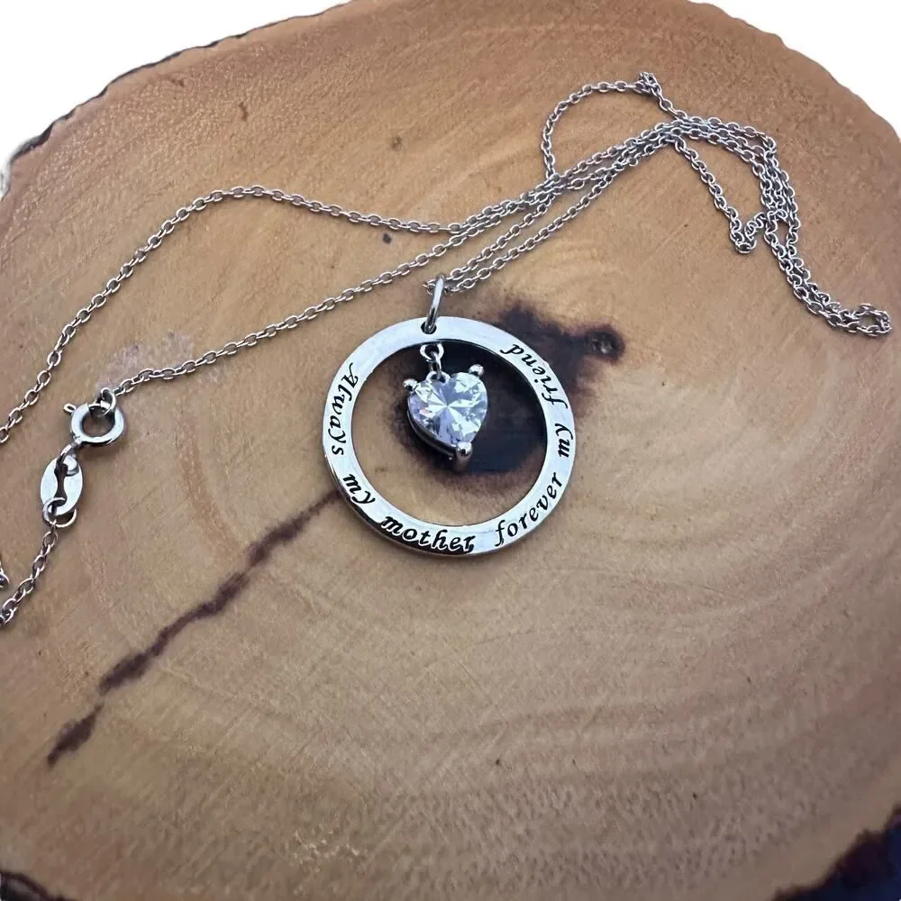 Always My Mother Forever My Friend Sterling Silver Heart CZ Necklace